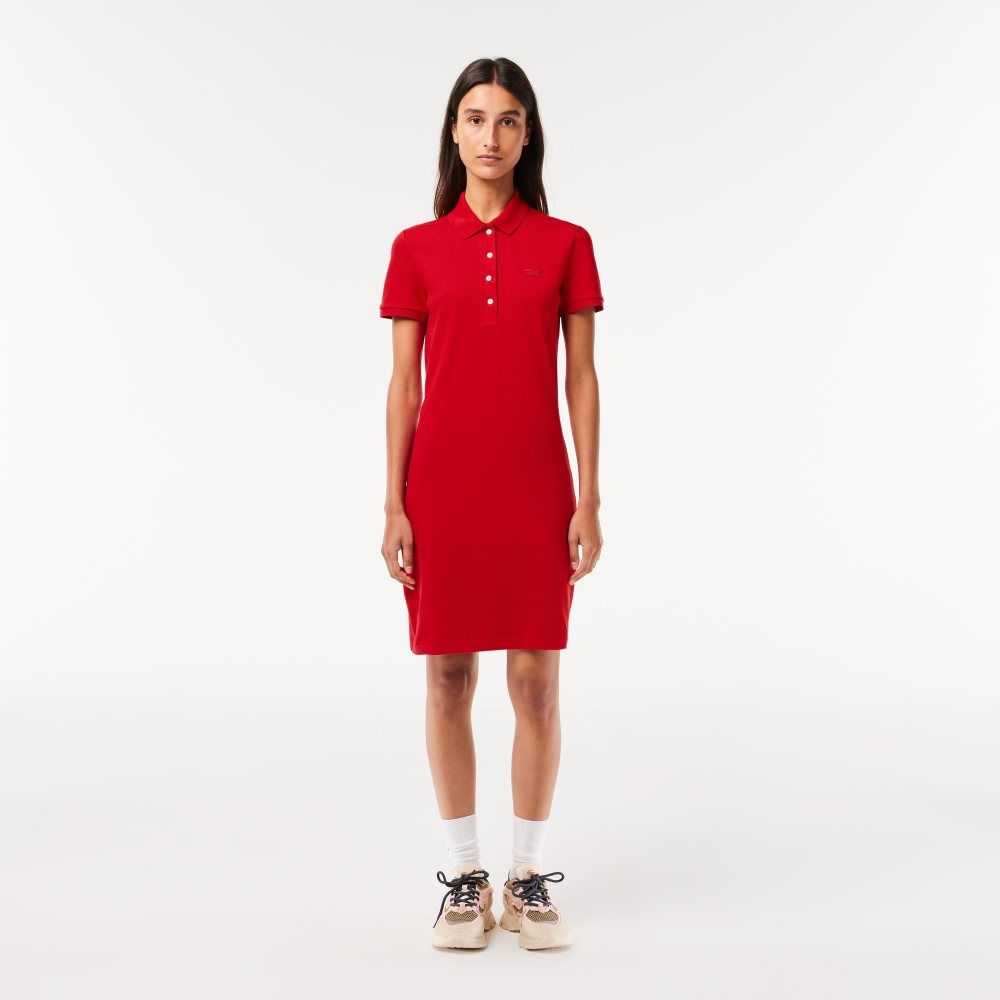 Red Lacoste Stretch Cotton Pique Polo Dress | PIUDOA-109