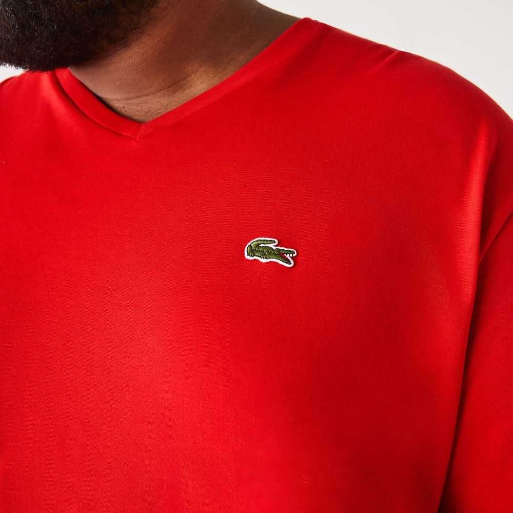 Red Lacoste Tall Fit Ribbed V-Neck Cotton Polo Shirt | DCQXTS-598