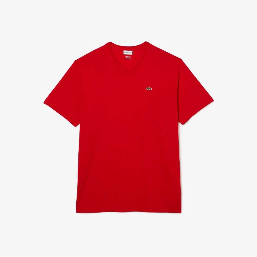 Red Lacoste Tall Fit Ribbed V-Neck Cotton Polo Shirt | DCQXTS-598