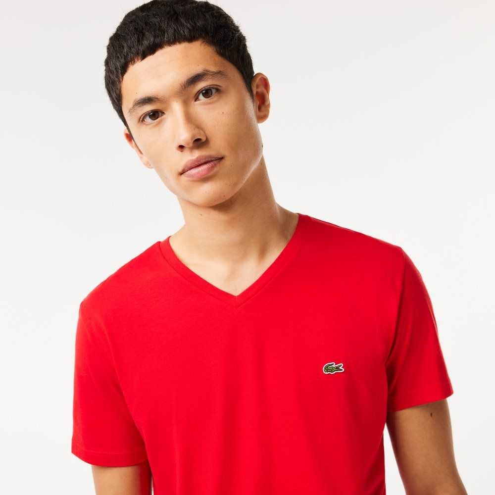 Red Lacoste V-Neck Pima Cotton Jersey T-Shirt | NLRYTG-796