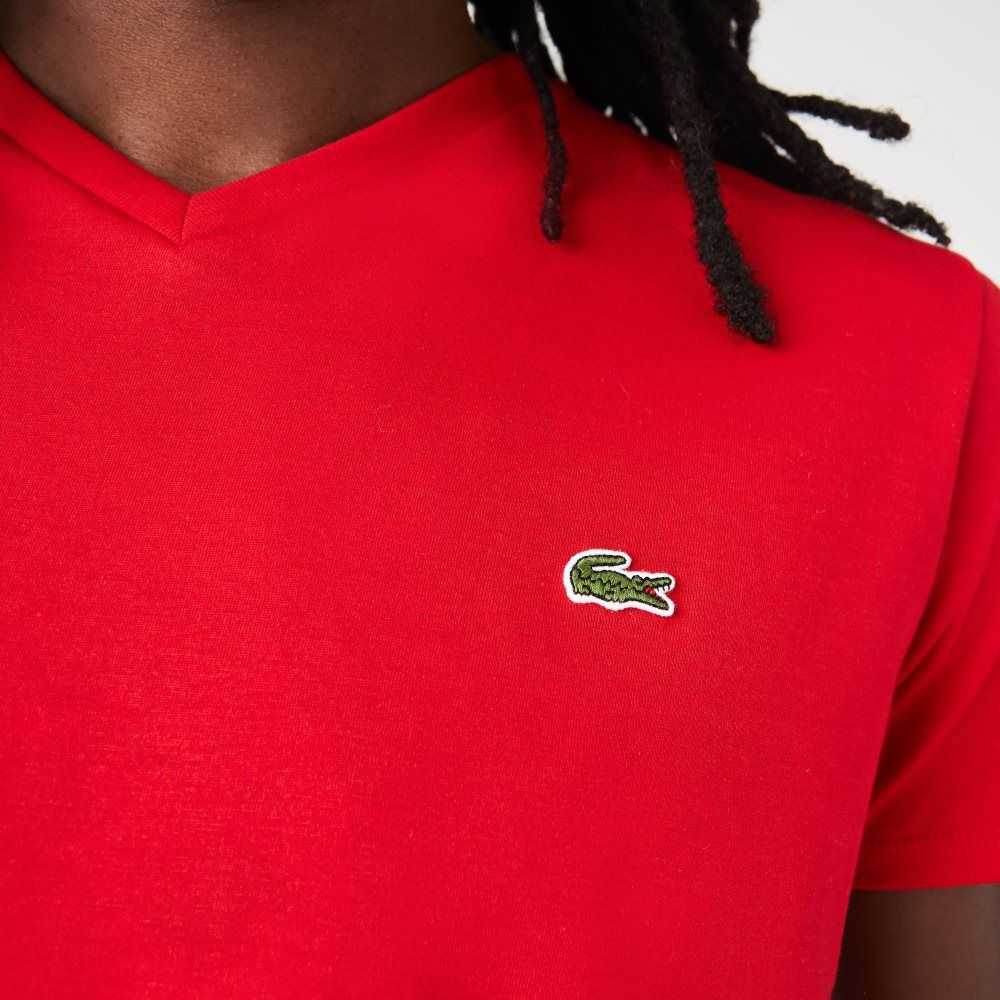 Red Lacoste V-Neck Pima Cotton Jersey T-Shirt | NLRYTG-796