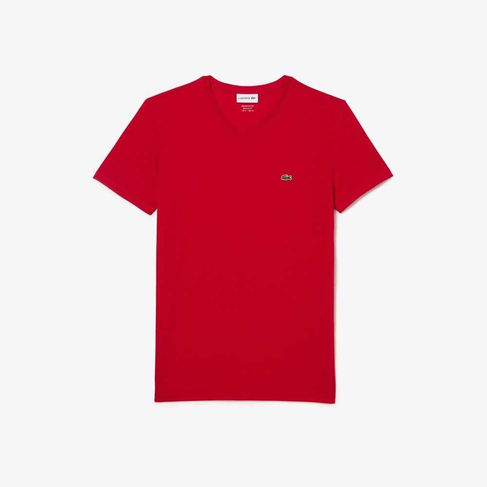 Red Lacoste V-Neck Pima Cotton Jersey T-Shirt | NLRYTG-796