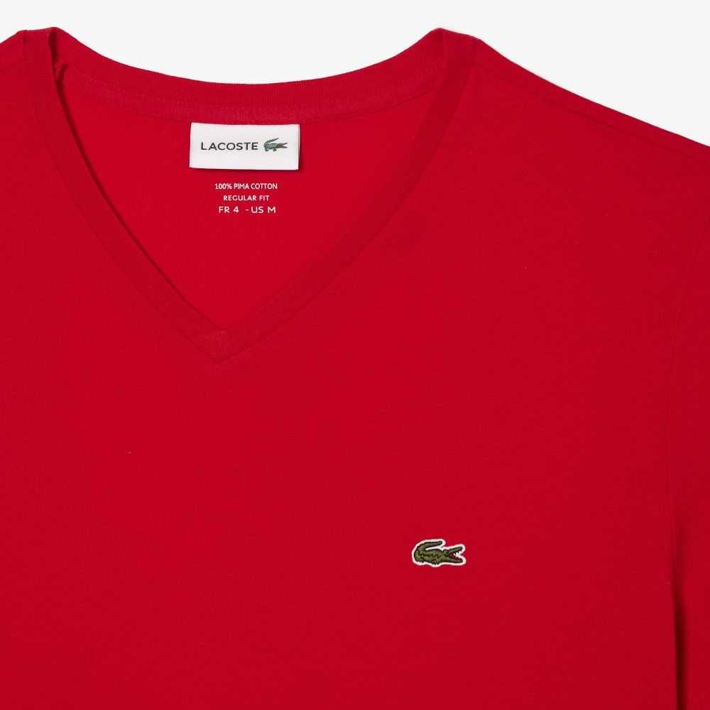 Red Lacoste V-Neck Pima Cotton Jersey T-Shirt | NLRYTG-796