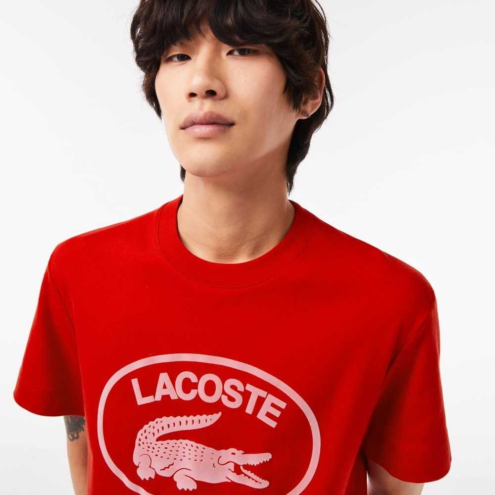 Red / Pink Lacoste Relaxed Fit Branded Cotton T-Shirt | FBLDKN-536