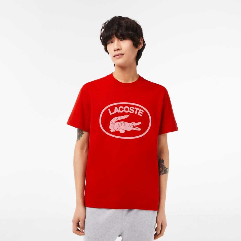 Red / Pink Lacoste Relaxed Fit Branded Cotton T-Shirt | FBLDKN-536