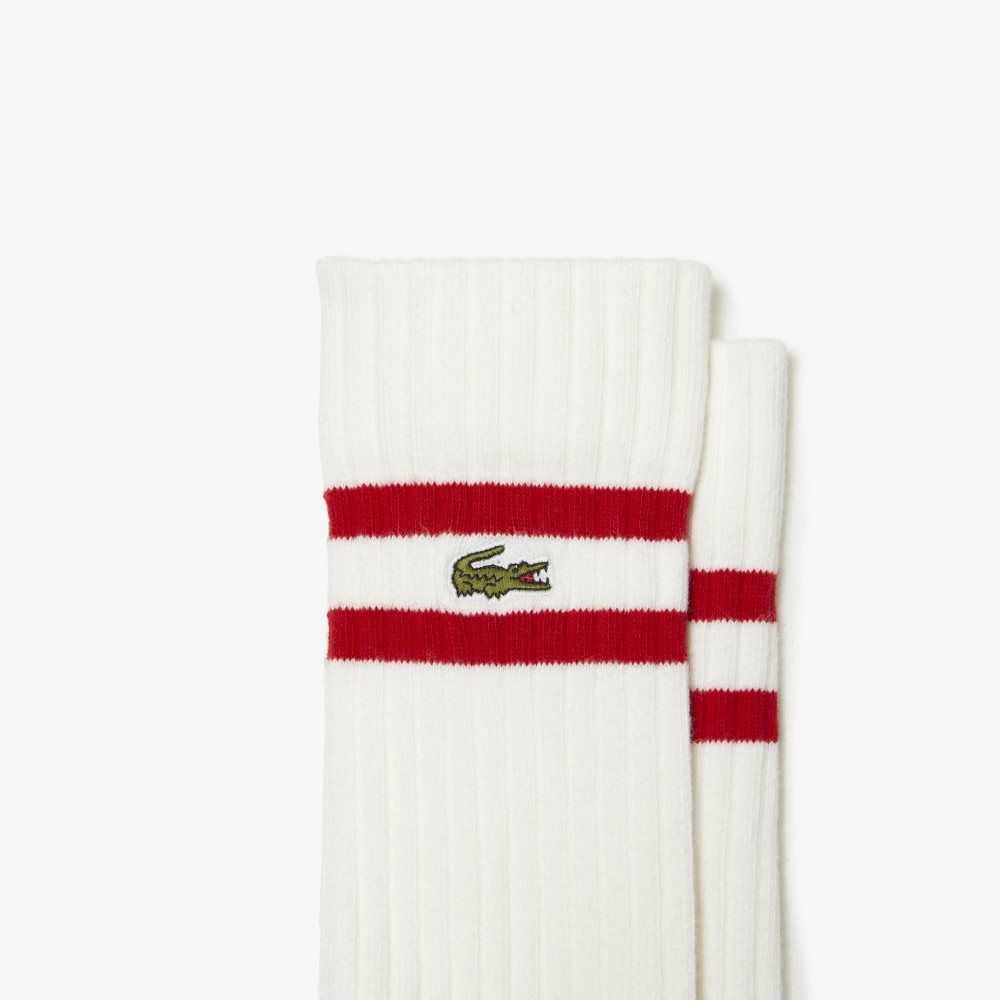 Red / White Lacoste Contrast Striped Ribbed Knit Socks | KCJRTZ-413