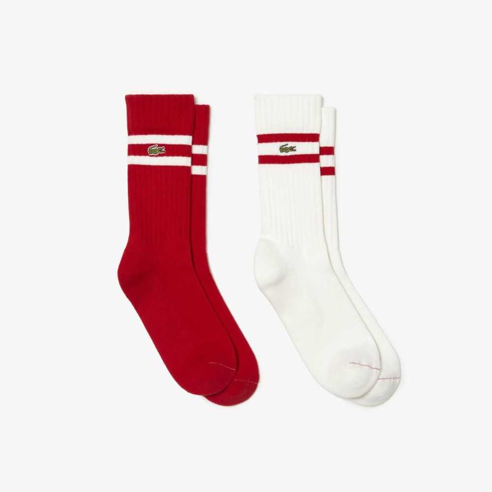 Red / White Lacoste Contrast Striped Ribbed Knit Socks | KCJRTZ-413