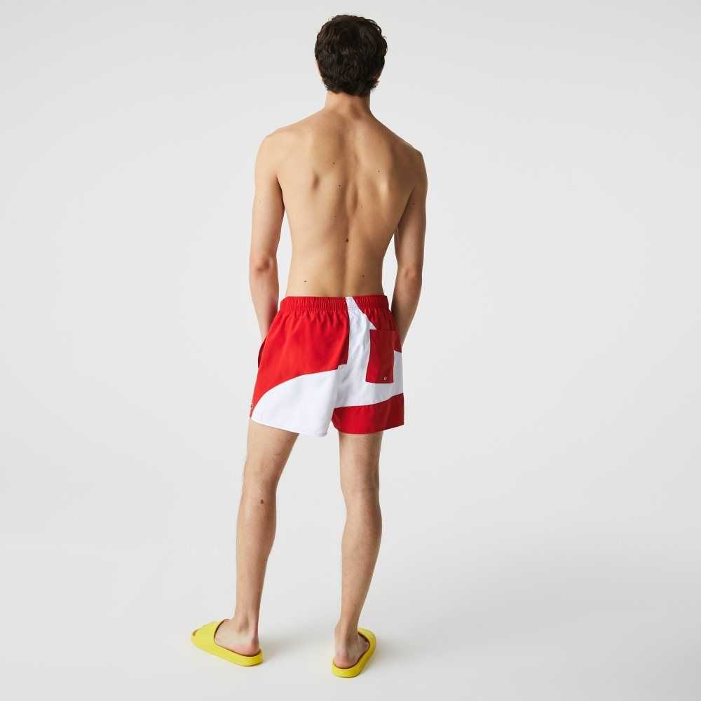 Red / White Lacoste Heritage Graphic Patch Light Swimming Trunks | GHFIVK-681