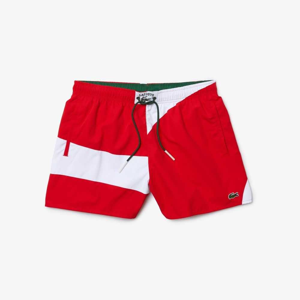 Red / White Lacoste Heritage Graphic Patch Light Swimming Trunks | GHFIVK-681