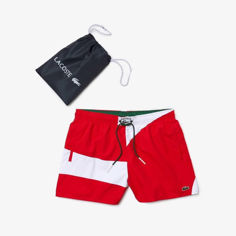 Red / White Lacoste Heritage Graphic Patch Light Swimming Trunks | GHFIVK-681