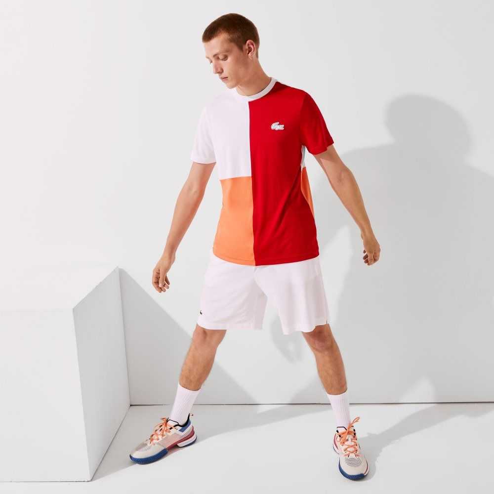 Red / White / Orange / White / Black Lacoste SPORT Tricolor Breathable Light Pique T-Shirt | VGPOTF-943