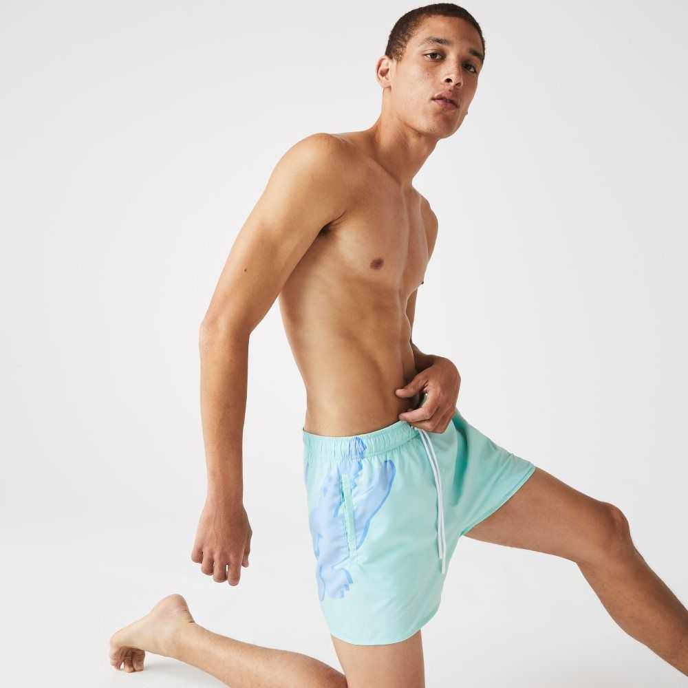 Turquoise Lacoste Crocodile Built-In Mesh Boxer Swimming Trunks | AIZBVU-476