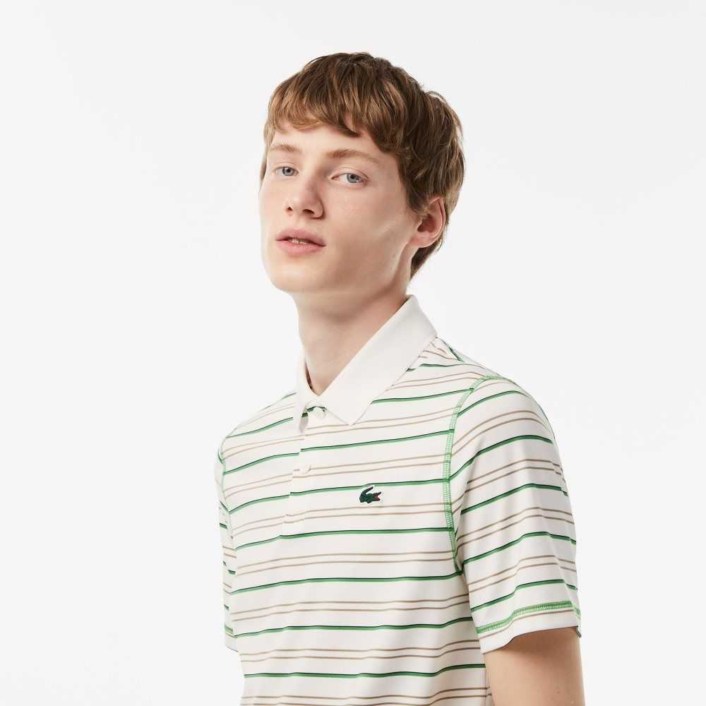 White / Beige / Navy Blue / Green Lacoste Golf Recycled Polyester Stripe Polo | MBTPQO-685