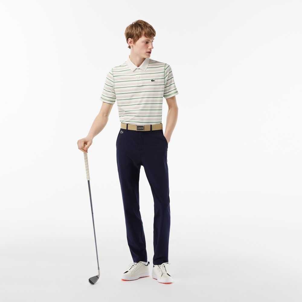 White / Beige / Navy Blue / Green Lacoste Golf Recycled Polyester Stripe Polo | MBTPQO-685