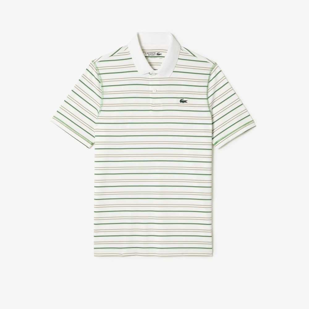 White / Beige / Navy Blue / Green Lacoste Golf Recycled Polyester Stripe Polo | MBTPQO-685