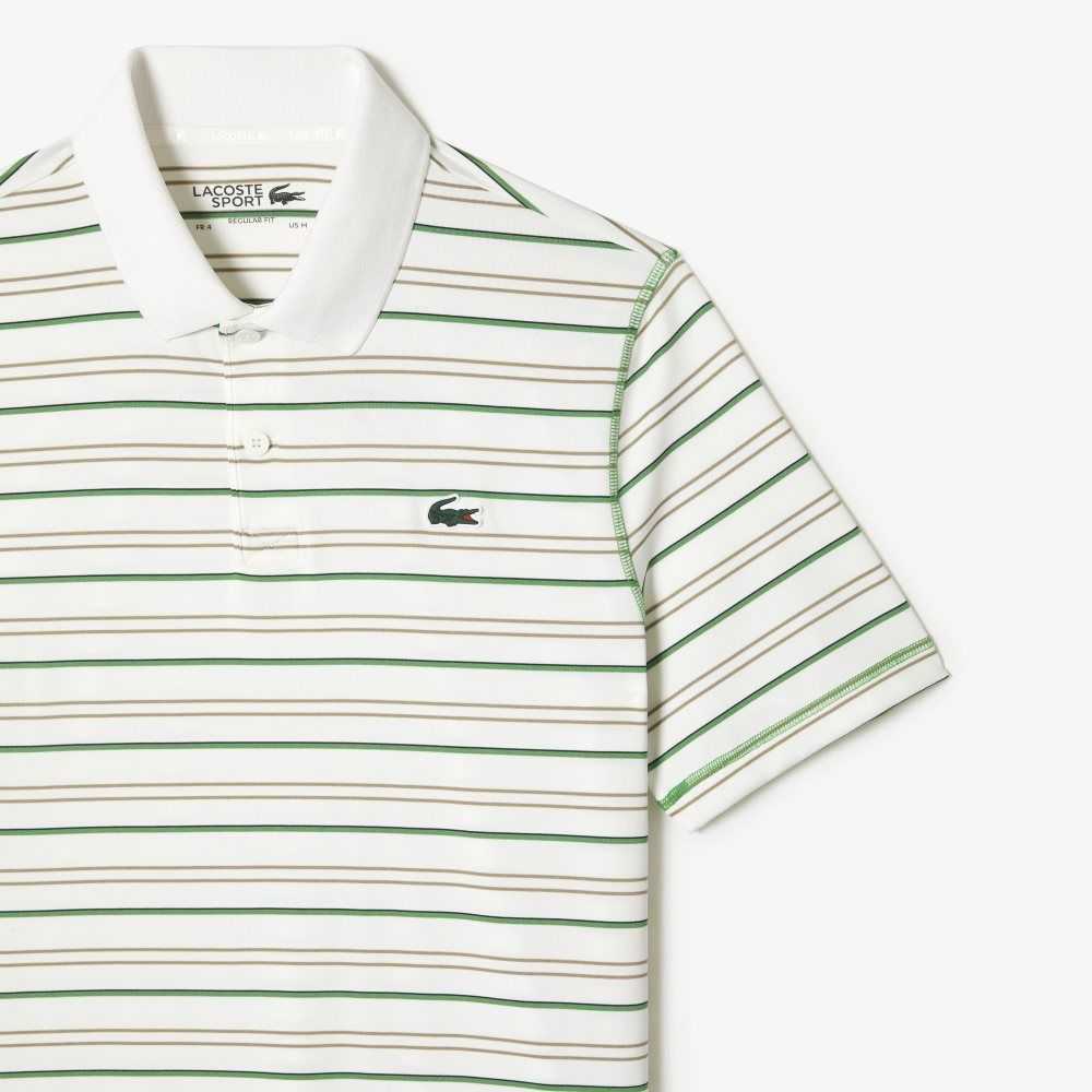 White / Beige / Navy Blue / Green Lacoste Golf Recycled Polyester Stripe Polo | MBTPQO-685