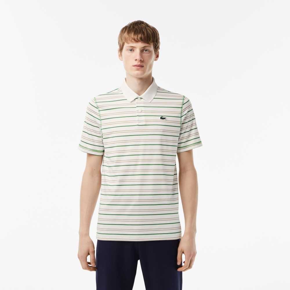 White / Beige / Navy Blue / Green Lacoste Golf Recycled Polyester Stripe Polo | MBTPQO-685