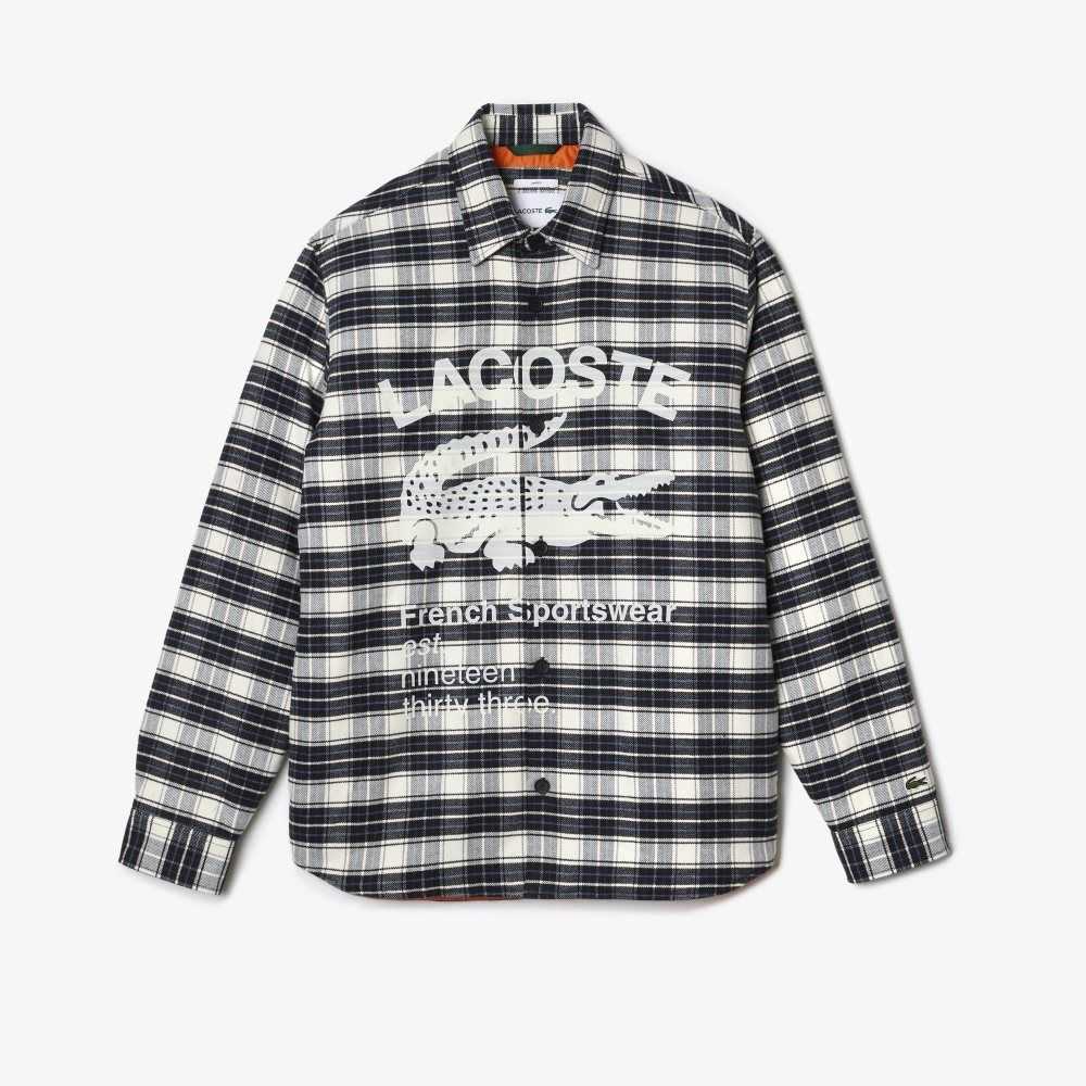 White / Black / Blue Lacoste Branded Check Print Overshirt | QCTZRJ-346