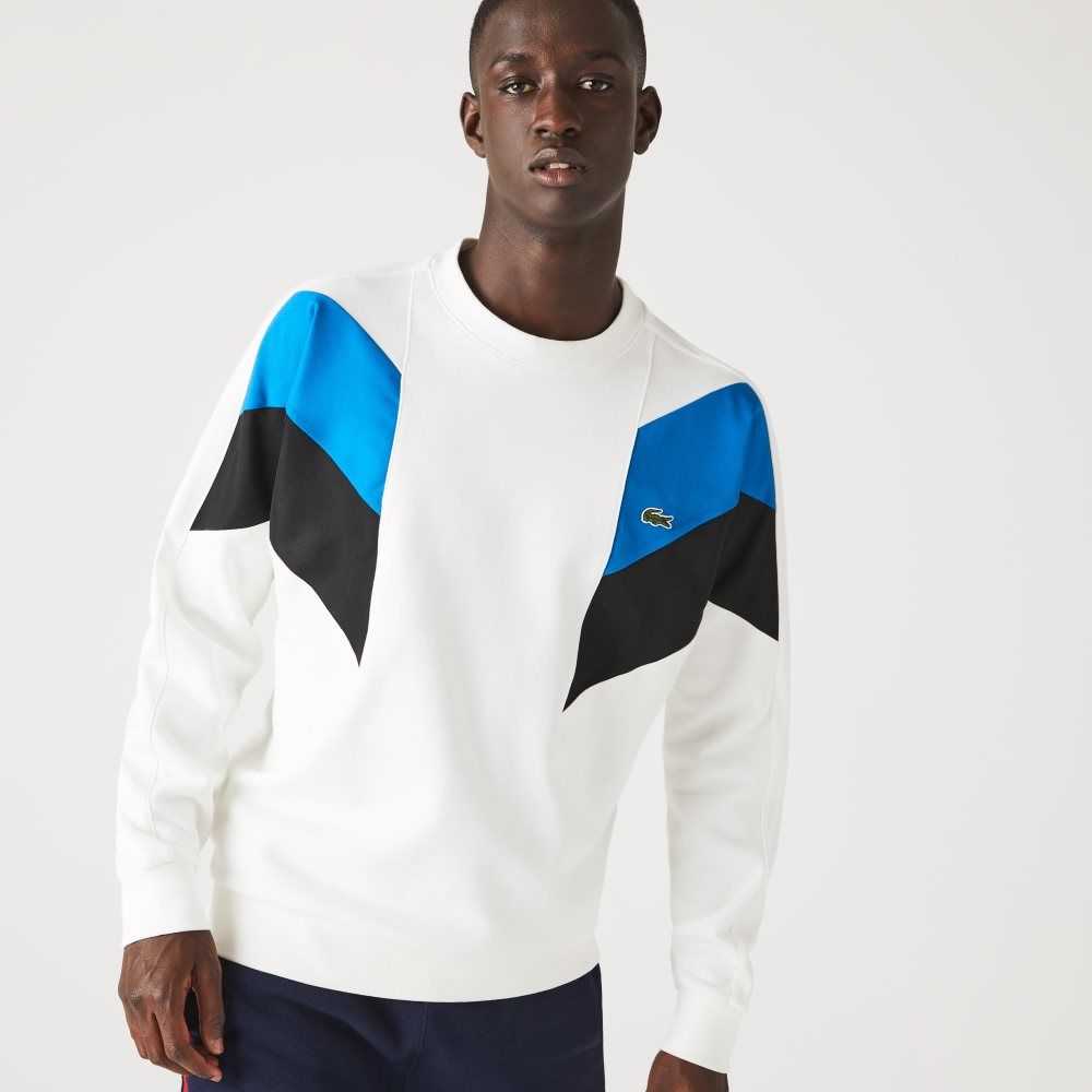 White / Blue / Black Lacoste Crew Neck Colorblock Design Cotton Fleece Sweatshirt | IRESWT-429