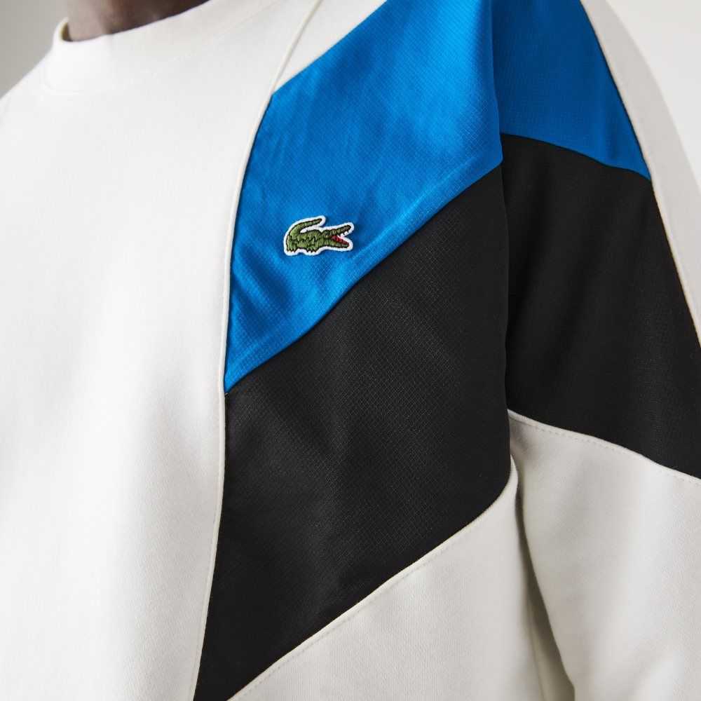 White / Blue / Black Lacoste Crew Neck Colorblock Design Cotton Fleece Sweatshirt | IRESWT-429