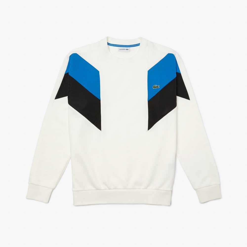 White / Blue / Black Lacoste Crew Neck Colorblock Design Cotton Fleece Sweatshirt | IRESWT-429