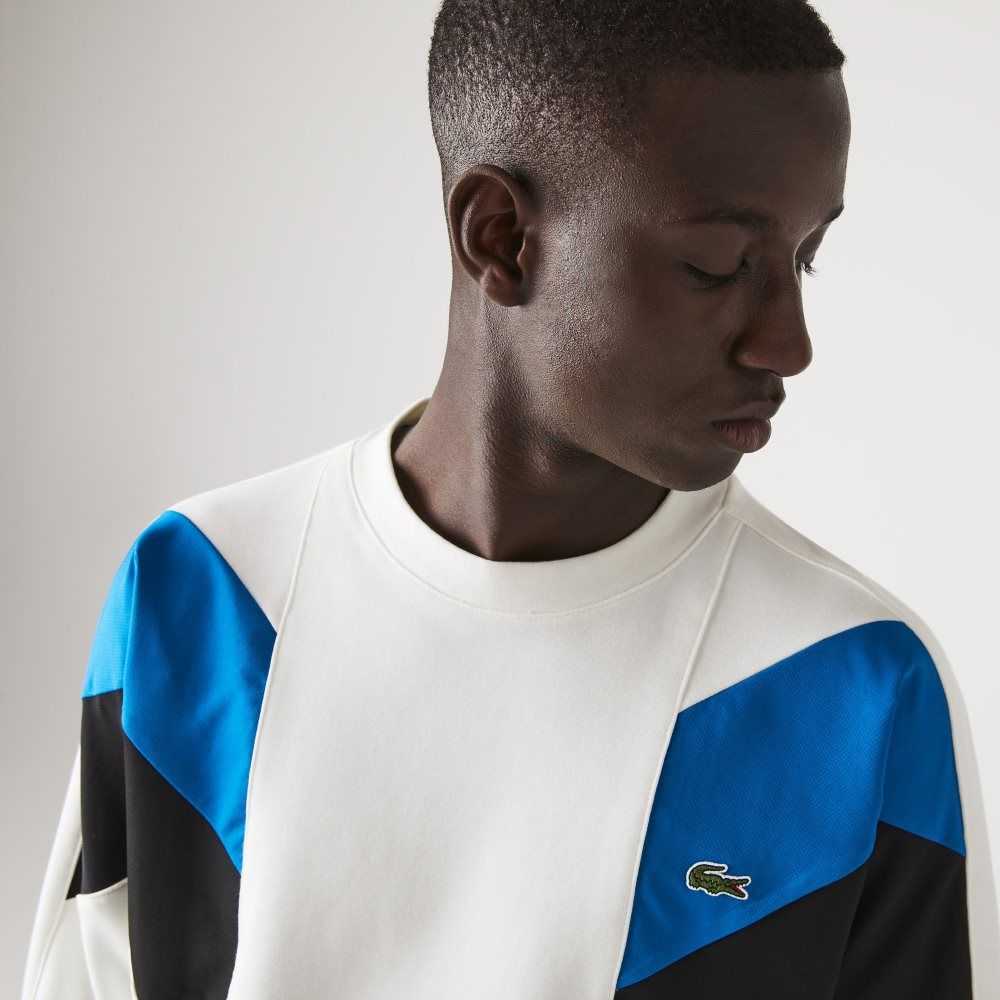 White / Blue / Black Lacoste Crew Neck Colorblock Design Cotton Fleece Sweatshirt | IRESWT-429