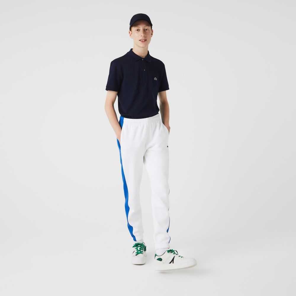 White / Blue Lacoste Contrast Bands Trackpants | RVPJGB-610