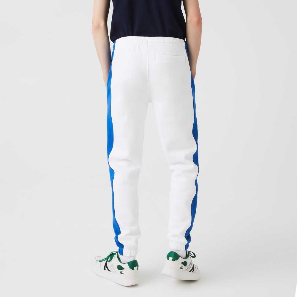 White / Blue Lacoste Contrast Bands Trackpants | RVPJGB-610