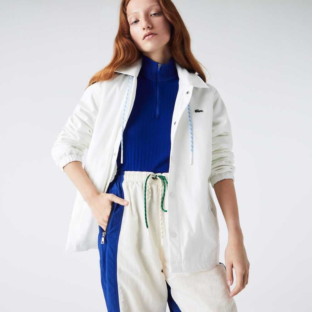 White / Blue Lacoste LIVE Contrast Hood Buttoned Jacket | WOXVYG-463