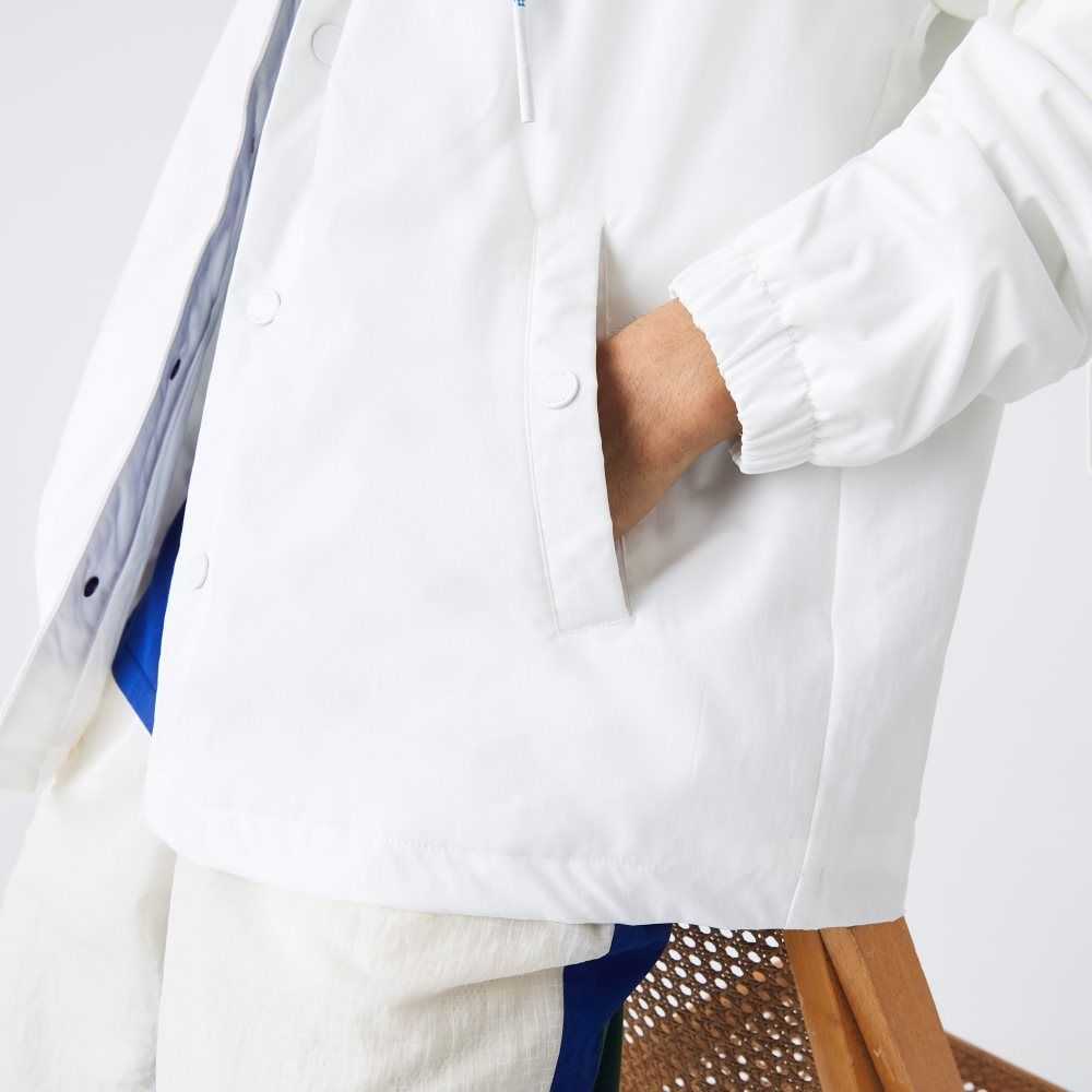 White / Blue Lacoste LIVE Contrast Hood Buttoned Jacket | WOXVYG-463