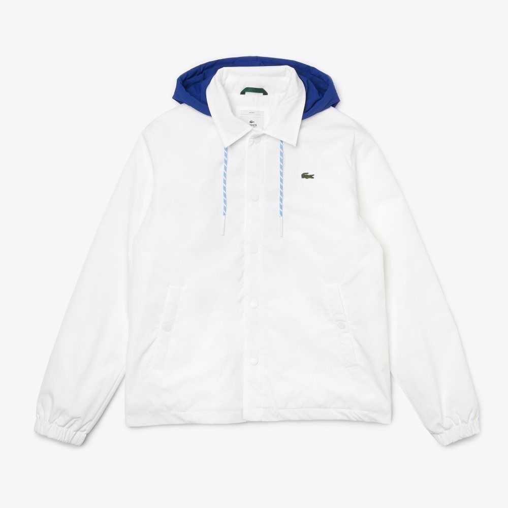 White / Blue Lacoste LIVE Contrast Hood Buttoned Jacket | WOXVYG-463