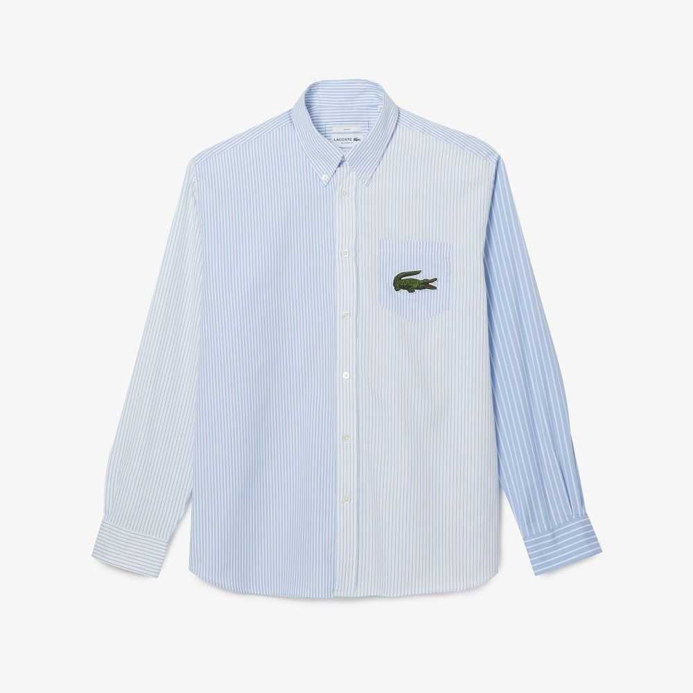 White / Blue Lacoste Large Crocodile Striped Cotton Shirt | OBUYPL-859