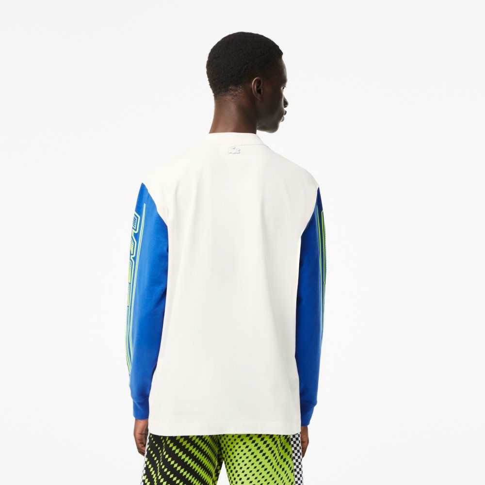 White / Blue Lacoste Loose Fit Long Sleeve Printed T-Shirt | NEBAYS-791