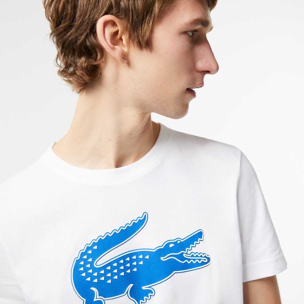 White / Blue Lacoste SPORT 3D Print Crocodile Breathable Jersey T-Shirt | HZXOJR-876