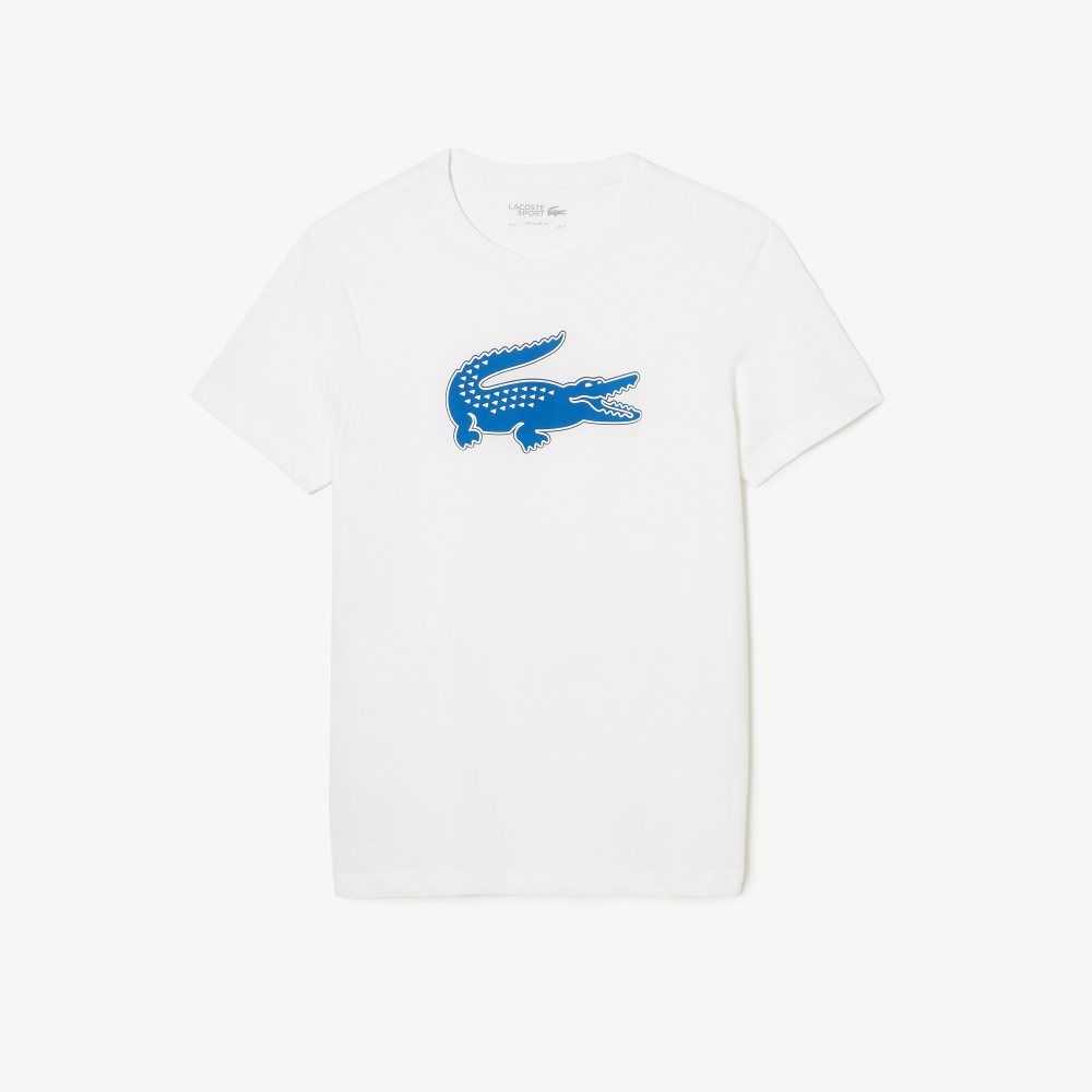 White / Blue Lacoste SPORT 3D Print Crocodile Breathable Jersey T-Shirt | HZXOJR-876