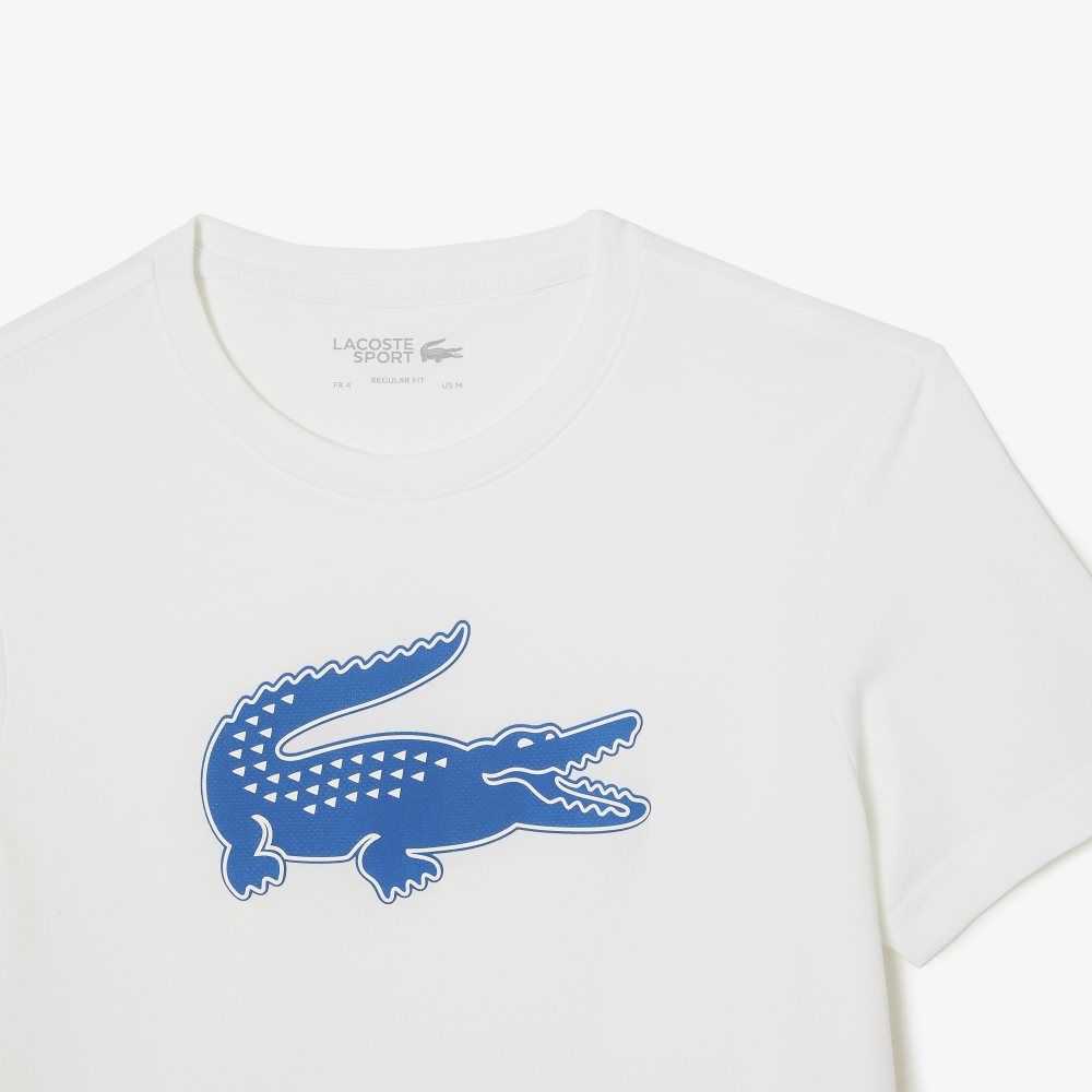 White / Blue Lacoste SPORT 3D Print Crocodile Breathable Jersey T-Shirt | HZXOJR-876