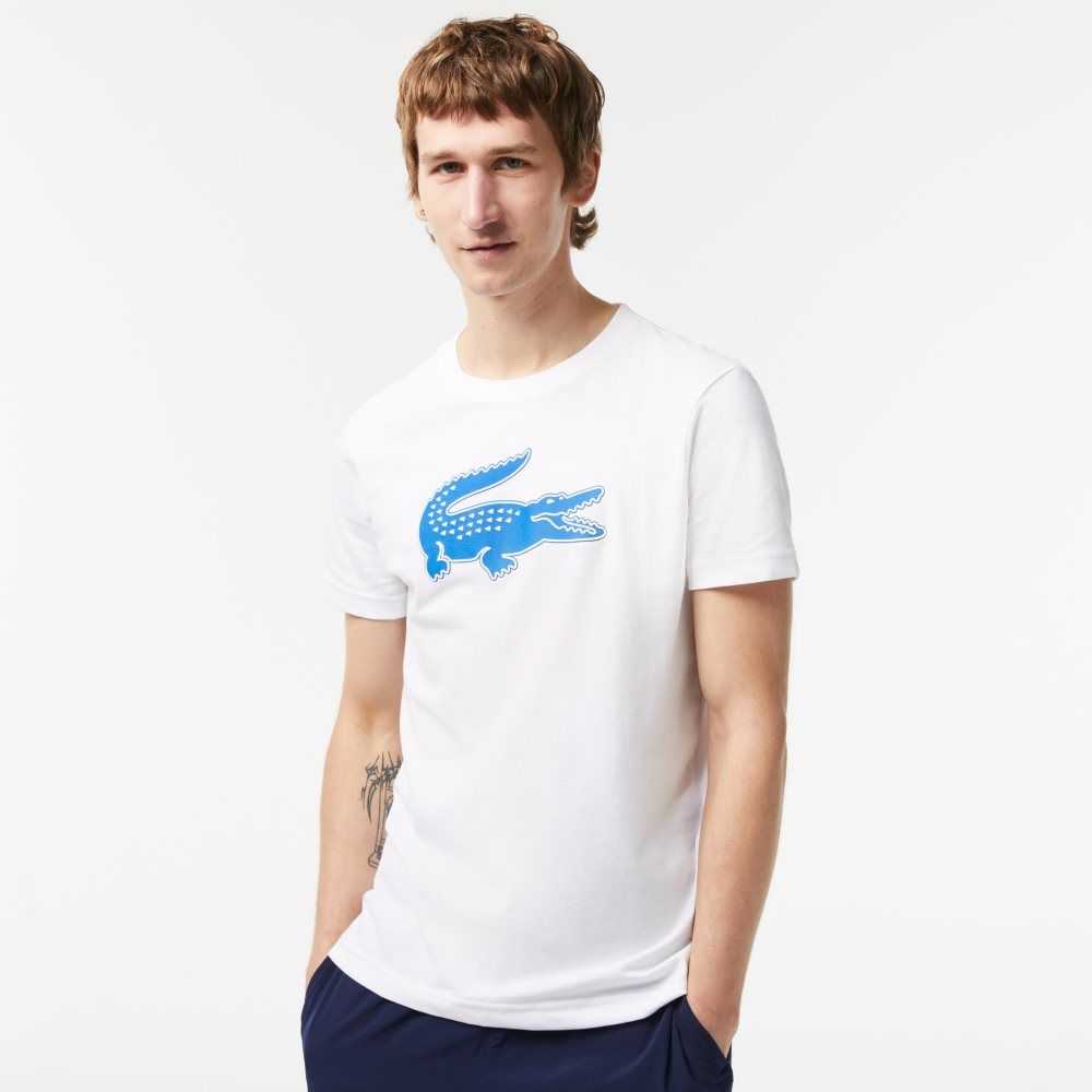 White / Blue Lacoste SPORT 3D Print Crocodile Breathable Jersey T-Shirt | HZXOJR-876