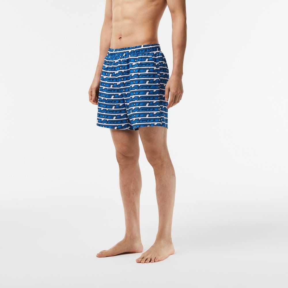 White / Blue Lacoste Two-Tone Print Swim Trunks | IAZRCX-982