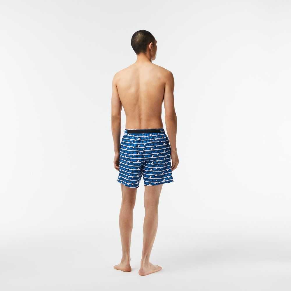 White / Blue Lacoste Two-Tone Print Swim Trunks | IAZRCX-982