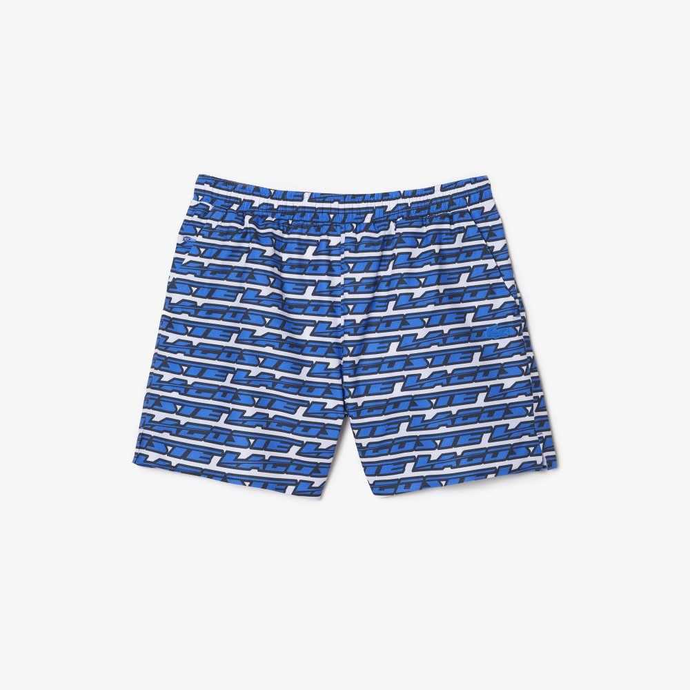 White / Blue Lacoste Two-Tone Print Swim Trunks | IAZRCX-982