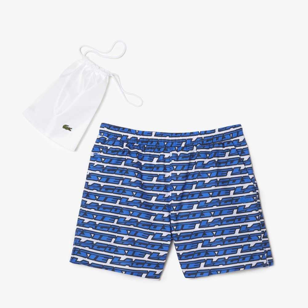 White / Blue Lacoste Two-Tone Print Swim Trunks | IAZRCX-982