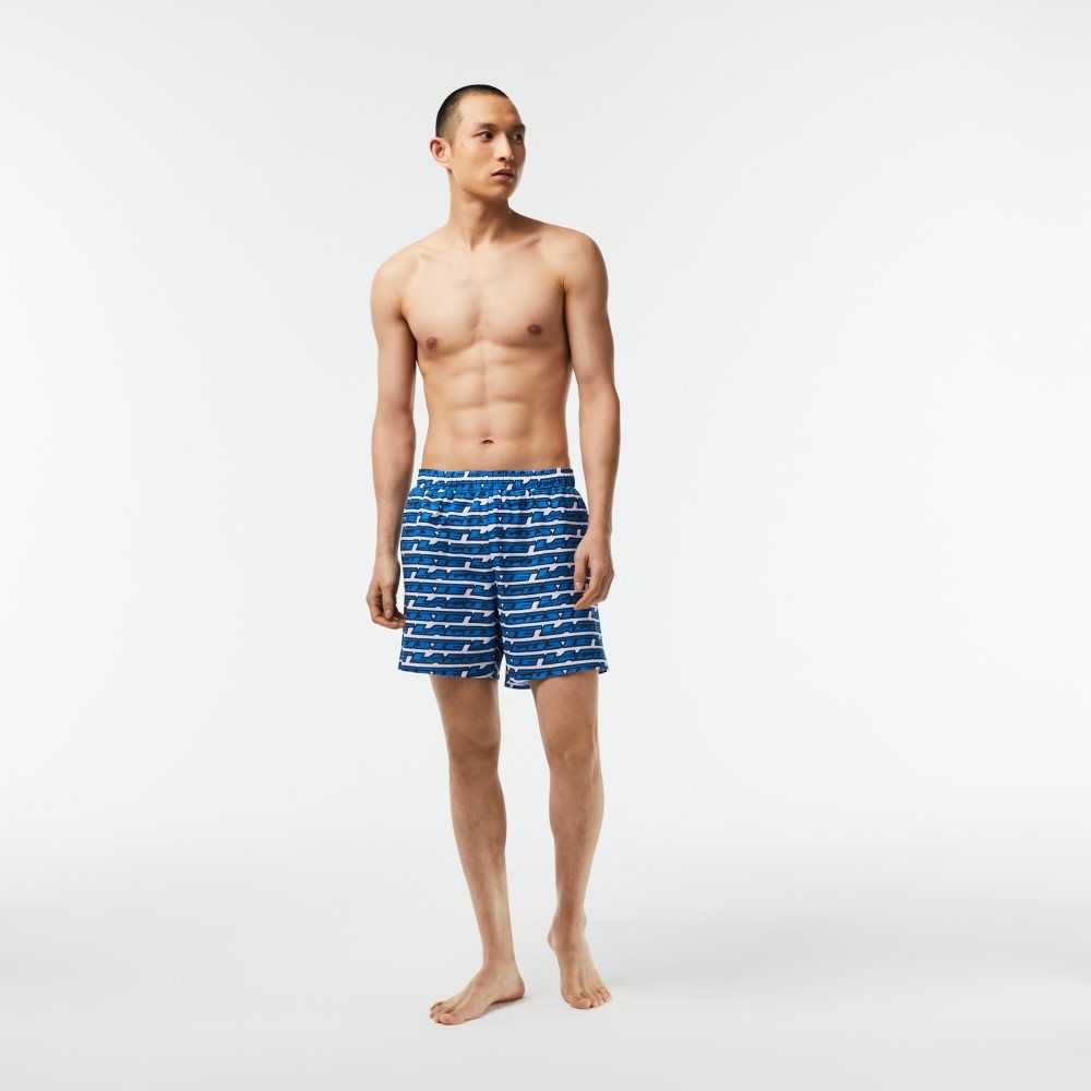 White / Blue Lacoste Two-Tone Print Swim Trunks | IAZRCX-982