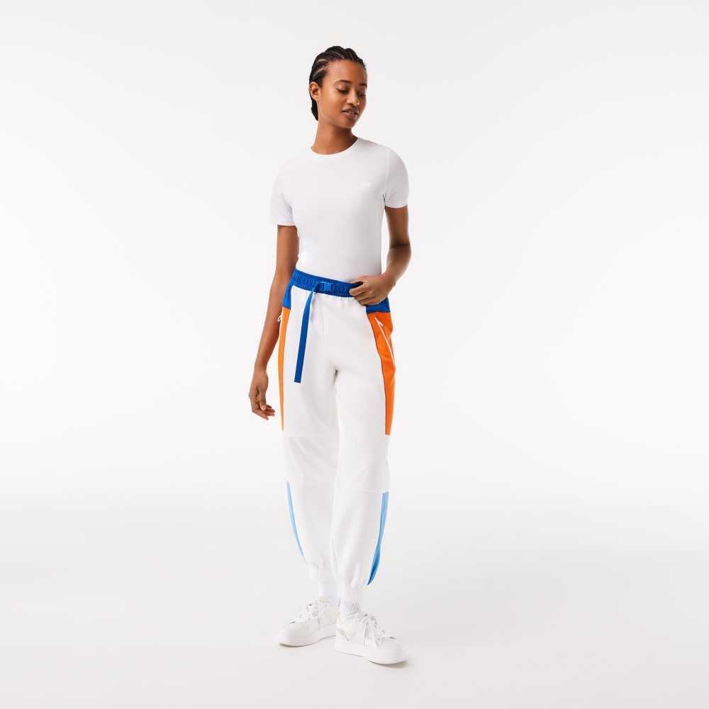 White / Blue / Orange / Blue Lacoste Badge Colorblock Trackpants | VZCNDY-158