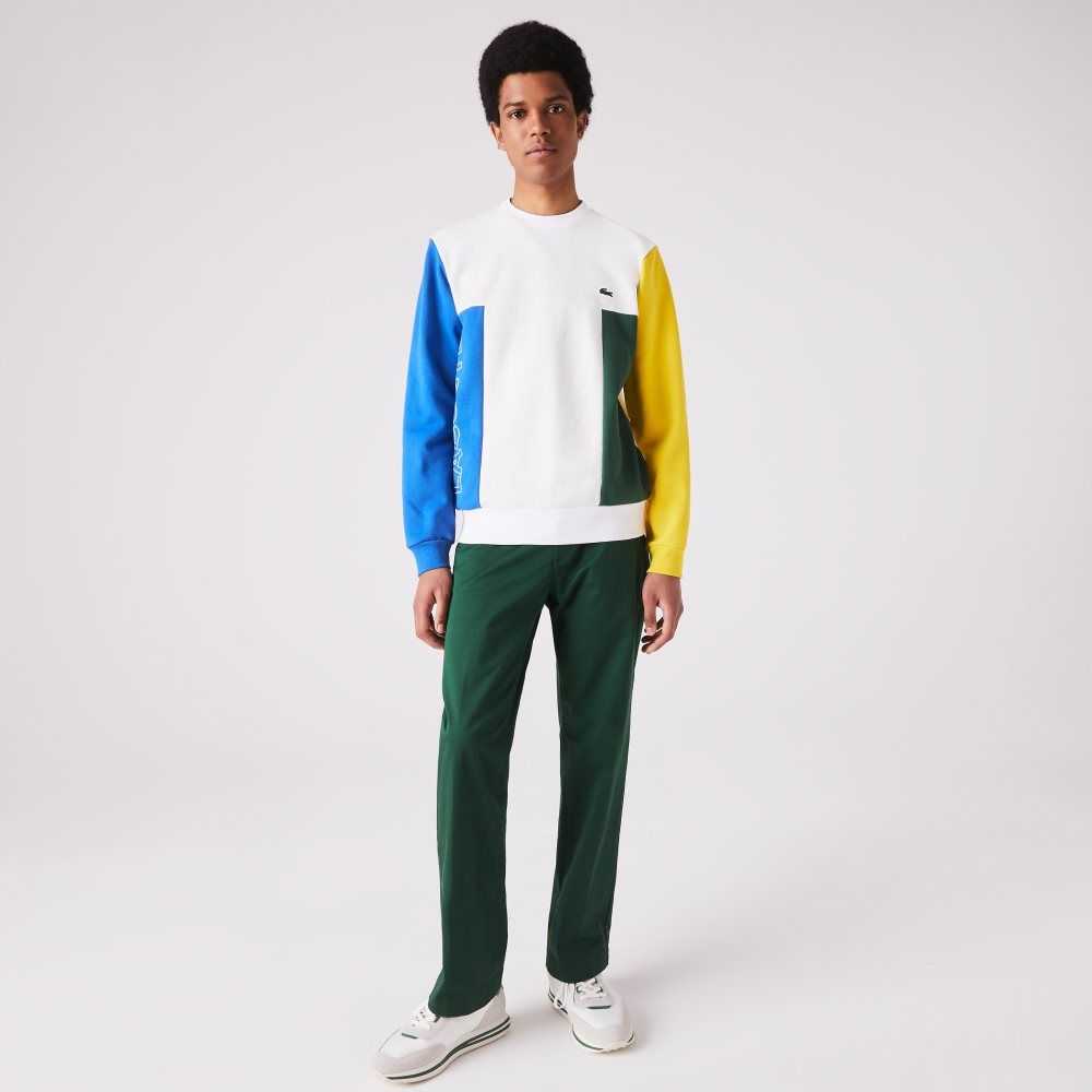 White / Blue / Yellow / Green Lacoste Crew Neck Colorblock Cotton Fleece Sweatshirt | RYZPHX-429