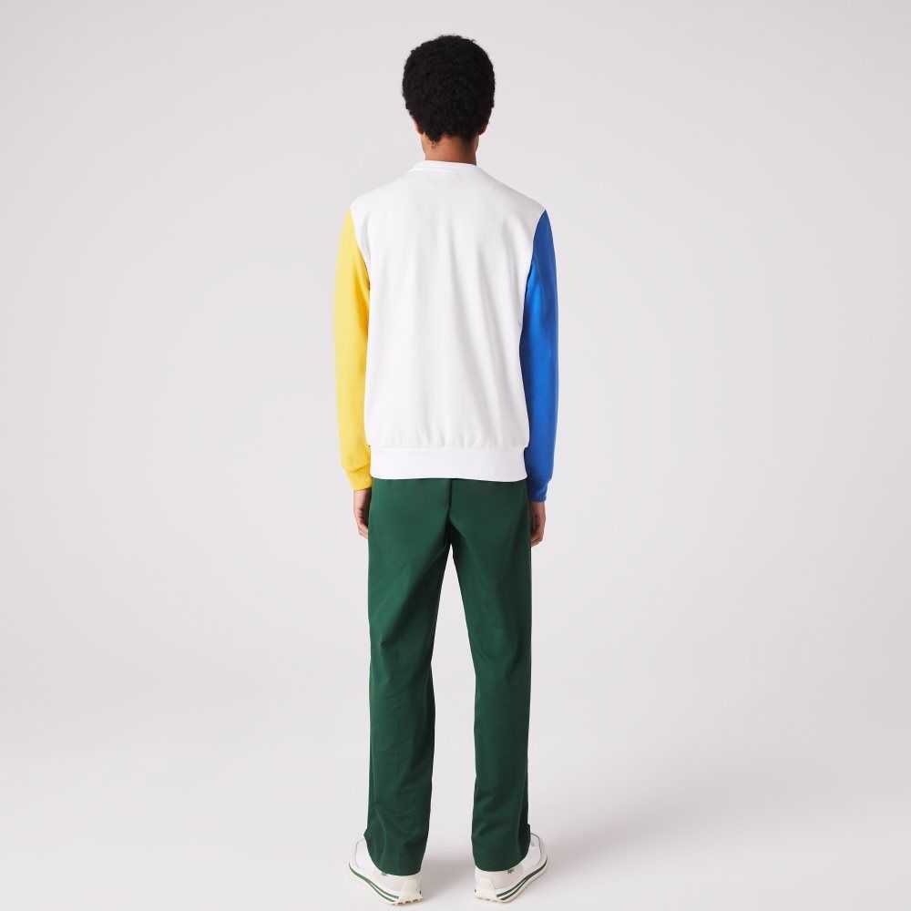 White / Blue / Yellow / Green Lacoste Crew Neck Colorblock Cotton Fleece Sweatshirt | RYZPHX-429