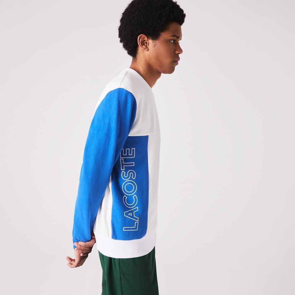 White / Blue / Yellow / Green Lacoste Crew Neck Colorblock Cotton Fleece Sweatshirt | RYZPHX-429