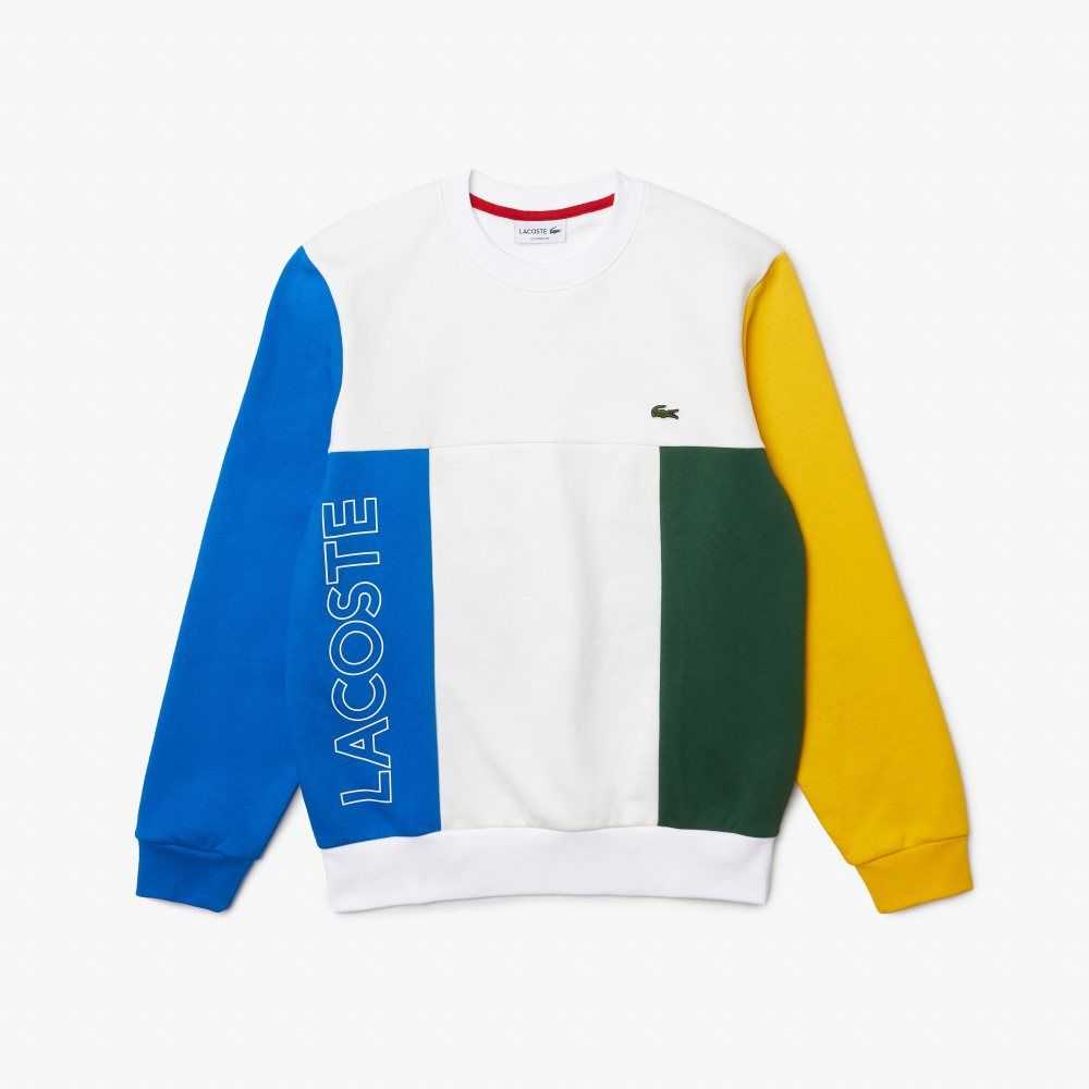 White / Blue / Yellow / Green Lacoste Crew Neck Colorblock Cotton Fleece Sweatshirt | RYZPHX-429