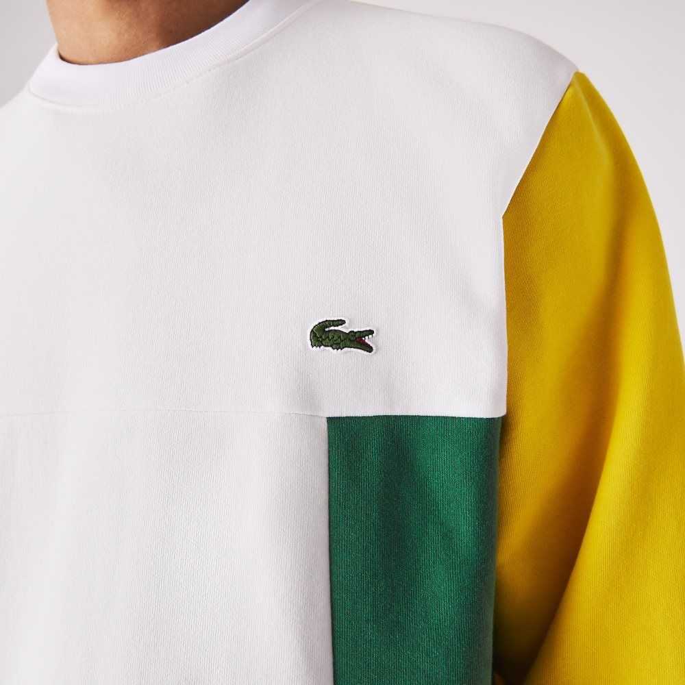 White / Blue / Yellow / Green Lacoste Crew Neck Colorblock Cotton Fleece Sweatshirt | RYZPHX-429