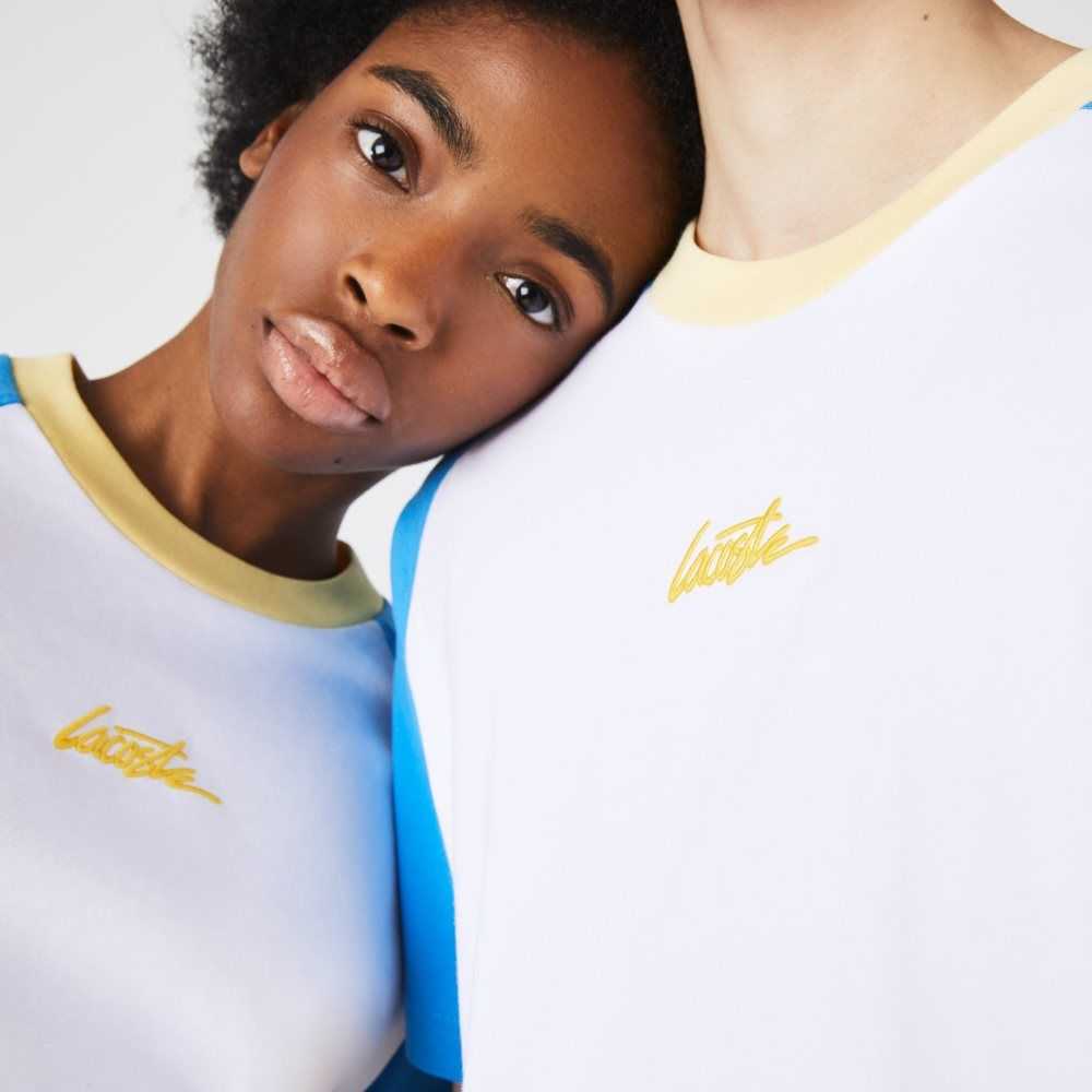 White / Blue / Yellow Lacoste LIVE Cotton T-shirt | KIXQZE-034