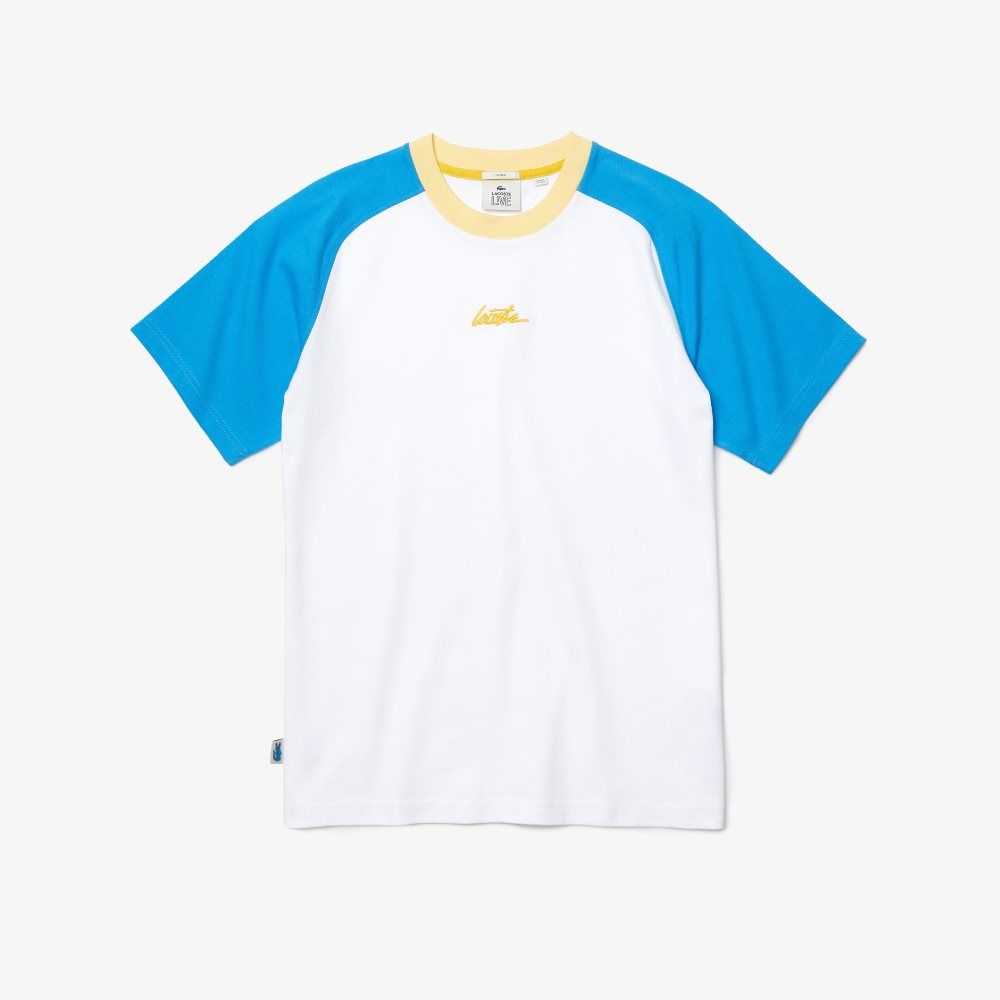 White / Blue / Yellow Lacoste LIVE Cotton T-shirt | KIXQZE-034